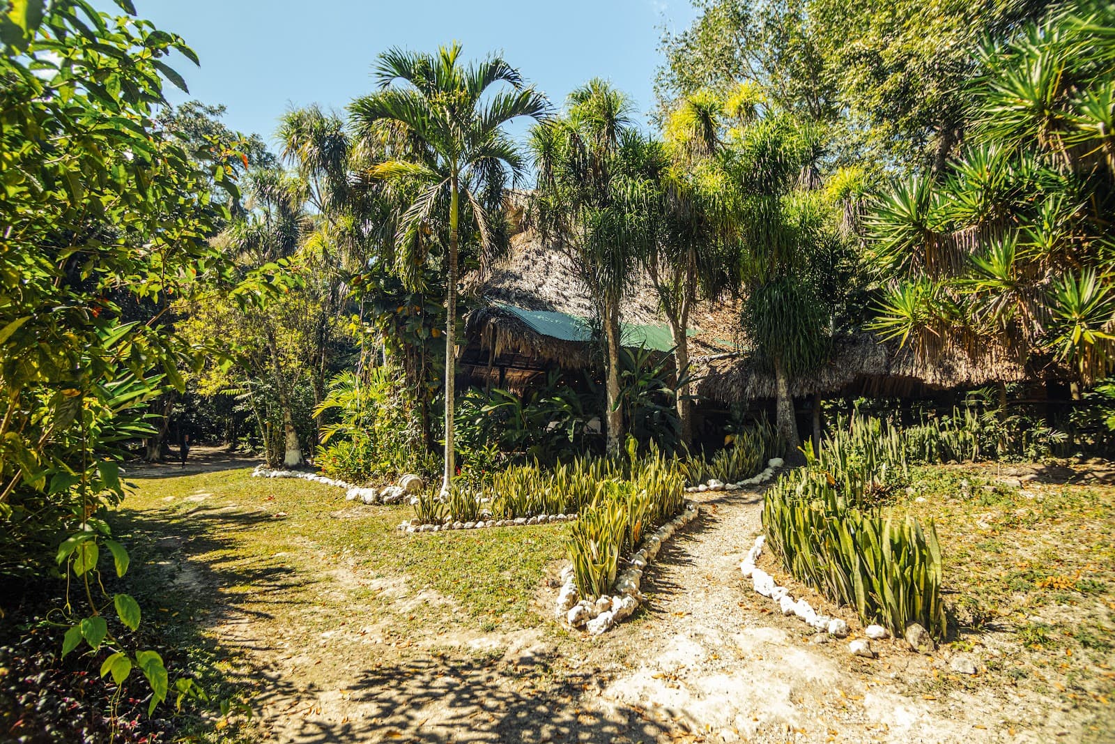 Exterior del restaurante El Mesón rodeado por la selva del Parque Nacional Tikal